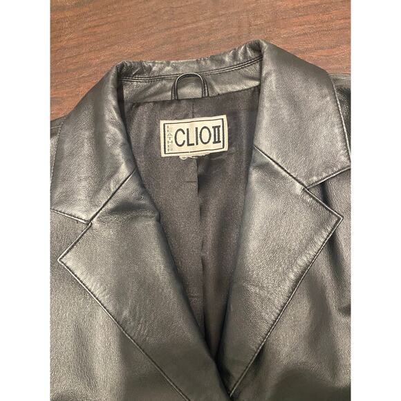 Clio II Black Leather Long Jacket Mid-Length Coat 90s Style Medium - Picture 6 of 7